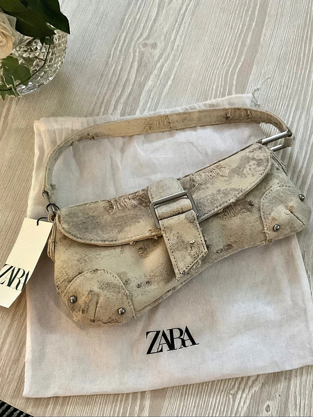 Zara Distressed Denim Mini Bag Shoulder Bag in Cream NWT